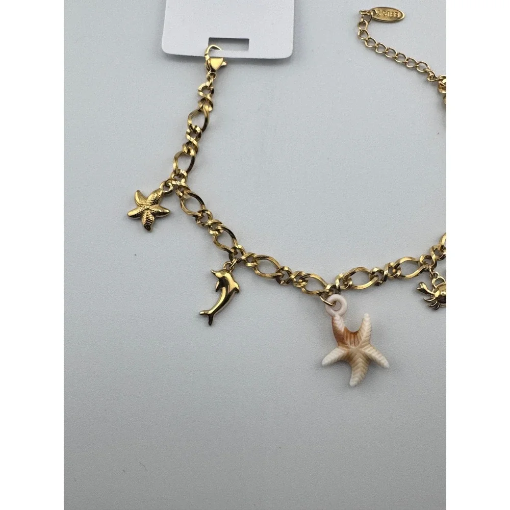 14k Gold Plated Stainless Steel Sea Life Charm Bracelet Starfish Dolphin Crab